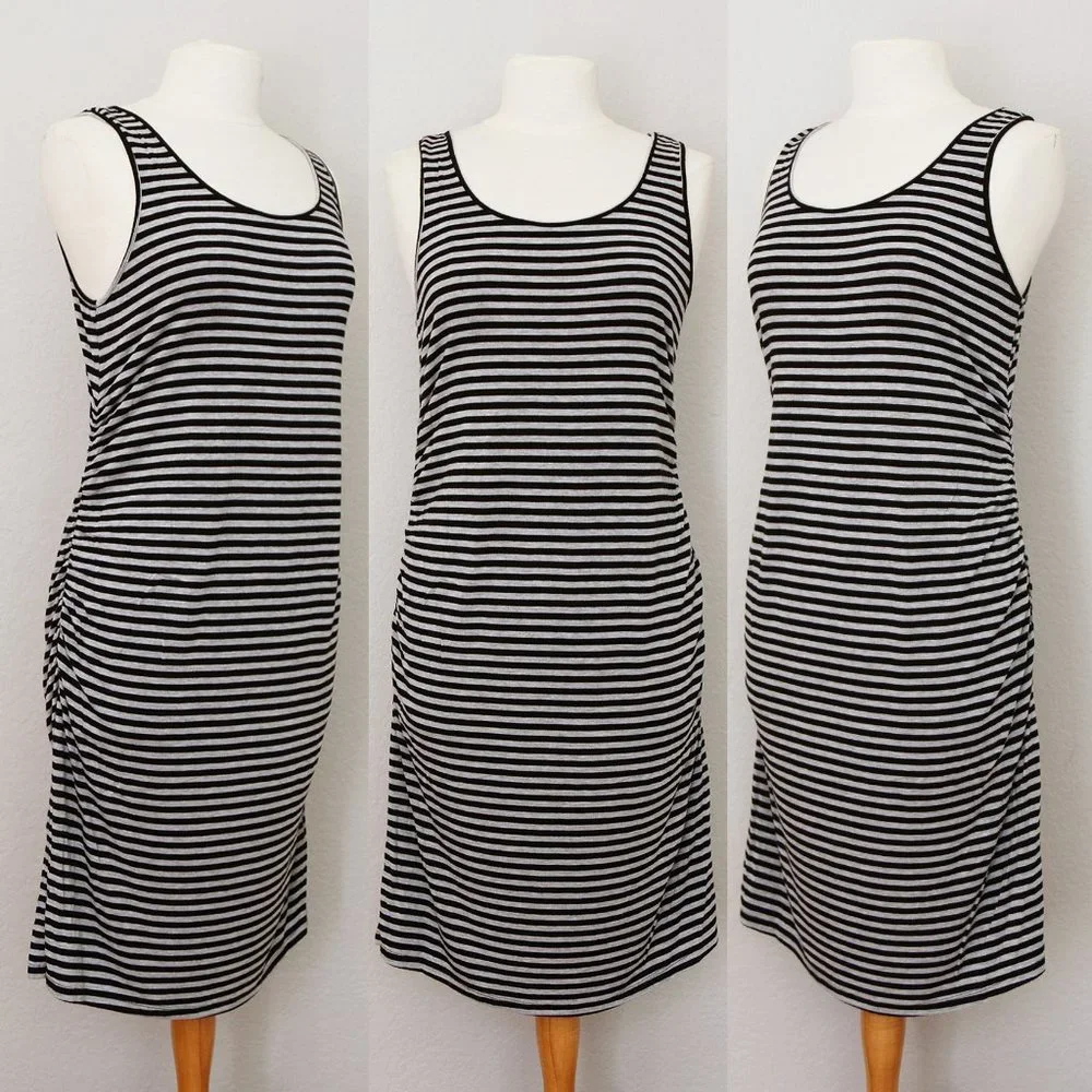 Liz Lange Maternity Gray Black Striped Ruched Gathered Sleeveless Midi Dress S - Picture 8 of 9